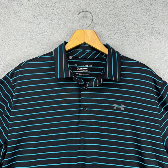 Under Armour Mens The Play Off Polo Shirt XL Black Blue Stripes Golf Rugby Logo